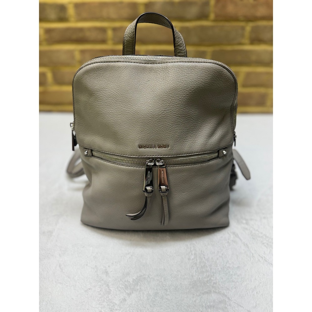 Michael Kors Rhea Medium Pebbled Leather Backpack Taupe Grey Silver Hardware
